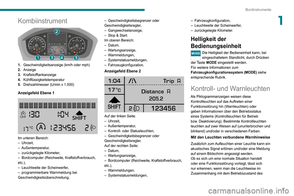 Peugeot Boxer 2020 Betriebsanleitung (in German) 7
Bordinstrumente
1Kombiinstrument
1.Geschwindigkeitsanzeige (km/h oder mph)
2. Anzeige
3. Kraftstofftankanzeige
4. Kühlflüssigkeitstemperatur
5. Drehzahlmesser (U/min x 1.000)
Anzeigefeld Ebene Peugeot Boxer 2020 Betriebsanleitung (in German) 7
Bordinstrumente
1Kombiinstrument
1.Geschwindigkeitsanzeige (km/h oder mph)
2. Anzeige
3. Kraftstofftankanzeige
4. Kühlflüssigkeitstemperatur
5. Drehzahlmesser (U/min x 1.000)
Anzeigefeld Ebene