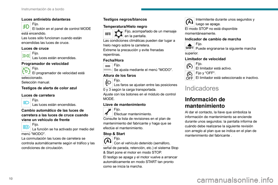 Peugeot Boxer 2020 Manual del propietario (in Spanish) 10
Instrumentación de a bordo
Luces antiniebla delanterasFijo.
El botón en el panel de control MODE
está encendido.
Las luces sólo funcionan cuando están
encendidas las luces de cruce.
Luces de Peugeot Boxer 2020 Manual del propietario (in Spanish) 10
Instrumentación de a bordo
Luces antiniebla delanterasFijo.
El botón en el panel de control MODE
está encendido.
Las luces sólo funcionan cuando están
encendidas las luces de cruce.
Luces de