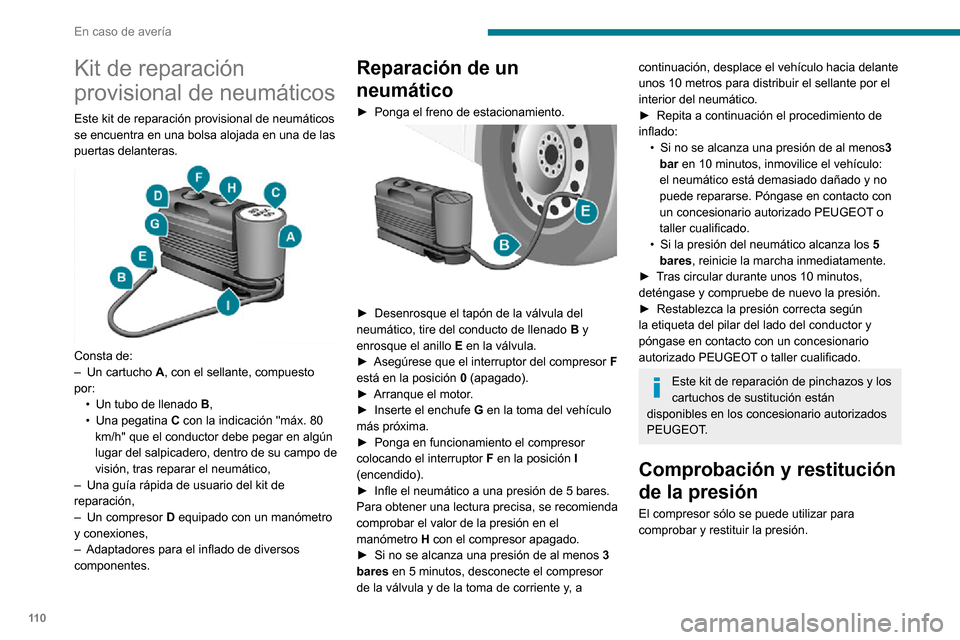 Peugeot Boxer 2020 Manual del propietario (in Spanish) 11 0
En caso de avería
Kit de reparación
provisional de neumáticos
Este kit de reparación provisional de neumáticos
se encuentra en una bolsa alojada en una de las
puertas delanteras.
Cons Peugeot Boxer 2020 Manual del propietario (in Spanish) 11 0
En caso de avería
Kit de reparación
provisional de neumáticos
Este kit de reparación provisional de neumáticos
se encuentra en una bolsa alojada en una de las
puertas delanteras.
Cons