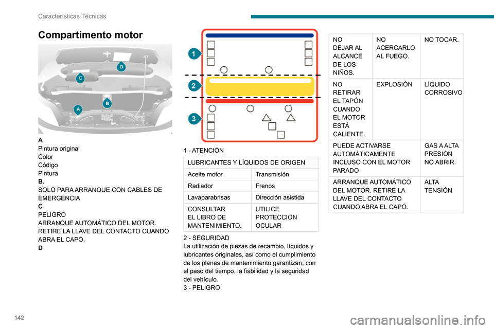 Peugeot Boxer 2020 Manual del propietario (in Spanish) 142
Características Técnicas
Compartimento motor
A
Pintura original
Color
Código
Pintura
B.
SOLO PARA ARRANQUE CON CABLES DE
EMERGENCIA
C
PELIGRO
ARRANQUE AUTOMÁTICO DEL MOTOR.
RETIRE LA LLAV Peugeot Boxer 2020 Manual del propietario (in Spanish) 142
Características Técnicas
Compartimento motor
A
Pintura original
Color
Código
Pintura
B.
SOLO PARA ARRANQUE CON CABLES DE
EMERGENCIA
C
PELIGRO
ARRANQUE AUTOMÁTICO DEL MOTOR.
RETIRE LA LLAV