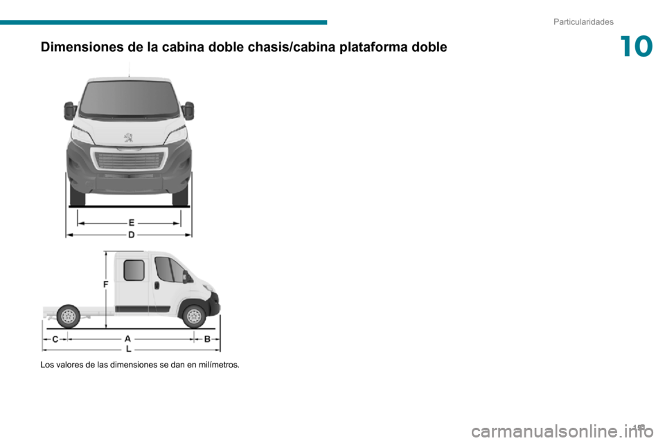 Peugeot Boxer 2020  Manual del propietario (in Spanish) 151
Particularidades
10Dimensiones de la cabina doble chasis/cabina plataforma doble  
  
 
Los valores de las dimensiones se dan en milímetros.   