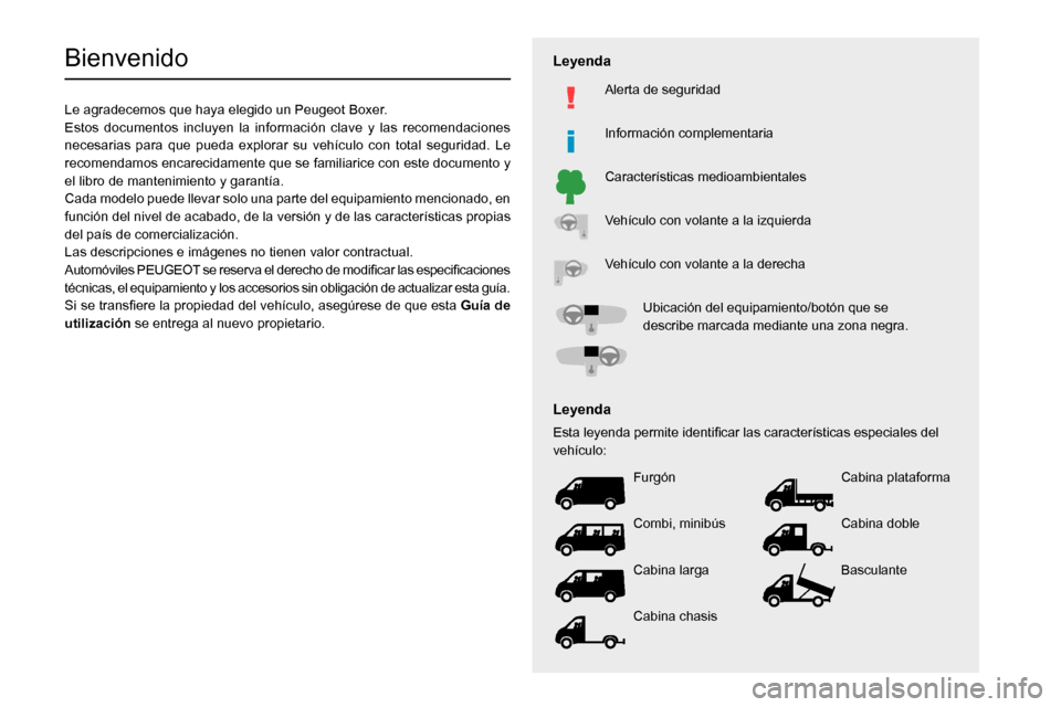 Peugeot Boxer 2020  Manual del propietario (in Spanish)   
 
 
 
 
 
 
 
  
 
 
  
 
 
  
  
   
   
 
  
Bienvenido
Le agradecemos que haya elegido un Peugeot Boxer.
Estos documentos incluyen la informaci