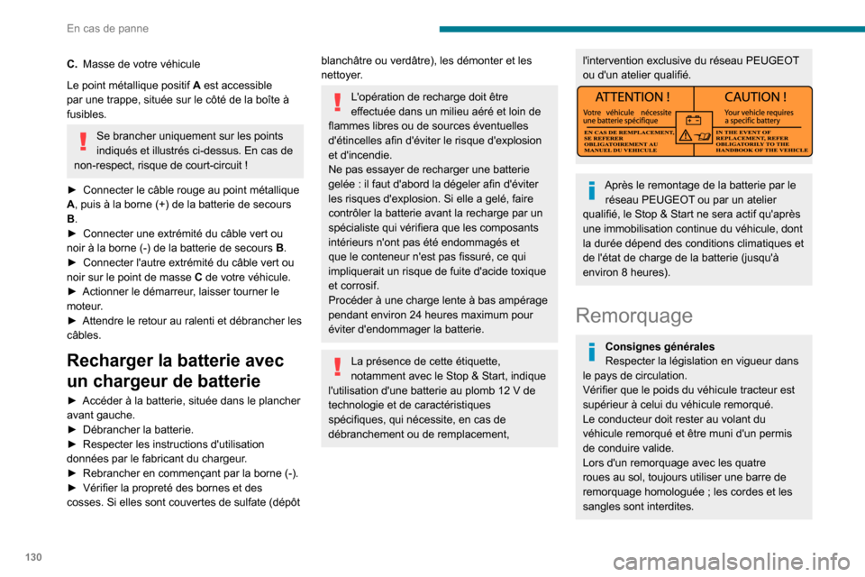 Peugeot Boxer 2020 Manuel du propriétaire (in French) 130
En cas de panne
C.Masse de votre véhicule
Le point métallique positif A est accessible
par une trappe, située sur le côté de la boîte à
fusibles.
Se brancher uniquement sur les points
i Peugeot Boxer 2020 Manuel du propriétaire (in French) 130
En cas de panne
C.Masse de votre véhicule
Le point métallique positif A est accessible
par une trappe, située sur le côté de la boîte à
fusibles.
Se brancher uniquement sur les points
i