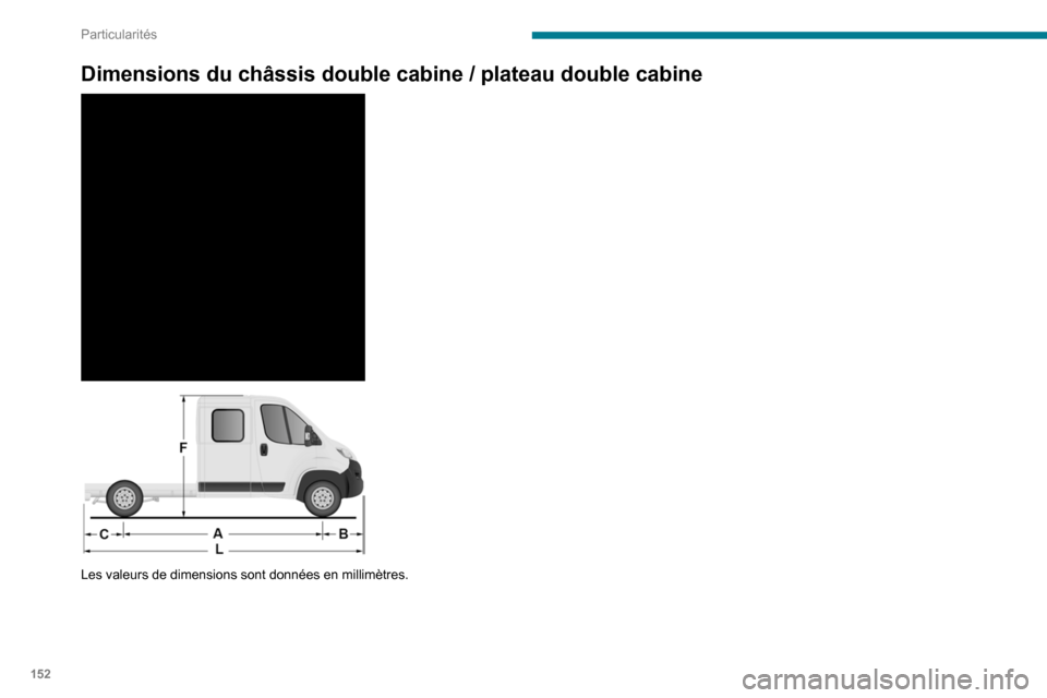 Peugeot Boxer 2020  Manuel du propriétaire (in French) 152
Particularités
Dimensions du châssis double cabine / plateau double cabine 
 
 
 
Les valeurs de dimensions sont données en millimètres.  