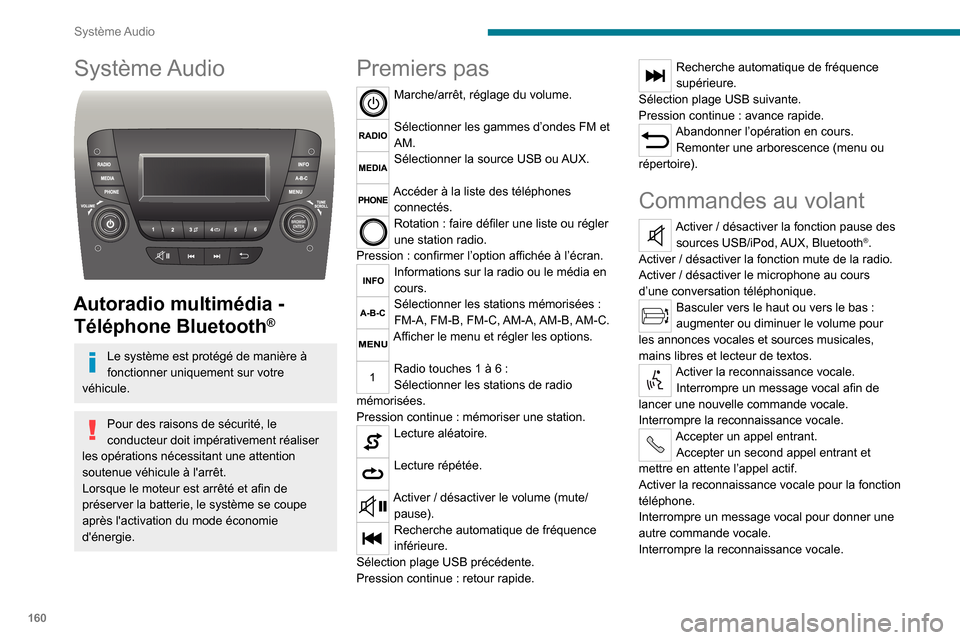 Peugeot Boxer 2020 Manuel du propriétaire (in French) 160
Système Audio
Système Audio
Autoradio multimédia - Téléphone Bluetooth
®
Le système est protégé de manière à
fonctionner uniquement sur votre
véhicule.
Pour des raisons de sécuri Peugeot Boxer 2020 Manuel du propriétaire (in French) 160
Système Audio
Système Audio
Autoradio multimédia - Téléphone Bluetooth
®
Le système est protégé de manière à
fonctionner uniquement sur votre
véhicule.
Pour des raisons de sécuri