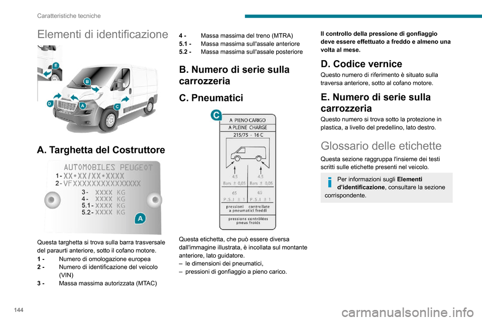 Peugeot Boxer 2020 Manuale del proprietario (in Italian) 144
Caratteristiche tecniche
Elementi di identificazione
A. Targhetta del Costruttore
Questa targhetta si trova sulla barra trasversale
del paraurti anteriore, sotto il cofano motore.
1 - Numer Peugeot Boxer 2020 Manuale del proprietario (in Italian) 144
Caratteristiche tecniche
Elementi di identificazione
A. Targhetta del Costruttore
Questa targhetta si trova sulla barra trasversale
del paraurti anteriore, sotto il cofano motore.
1 - Numer