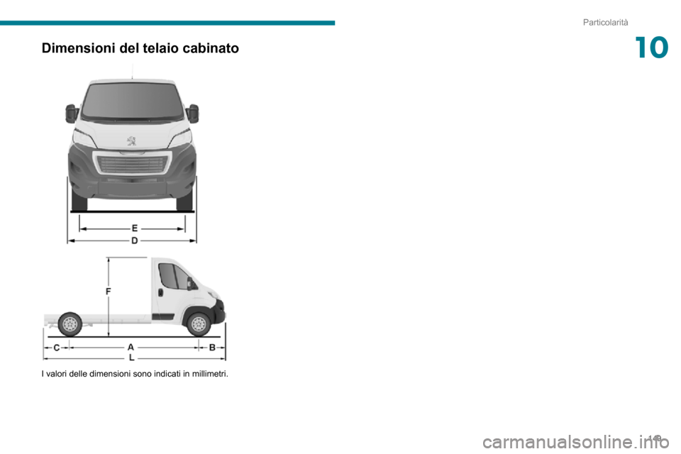 Peugeot Boxer 2020  Manuale del proprietario (in Italian) 149
Particolarità
10Dimensioni del telaio cabinato 
  
 
I valori delle dimensioni sono indicati in millimetri.  