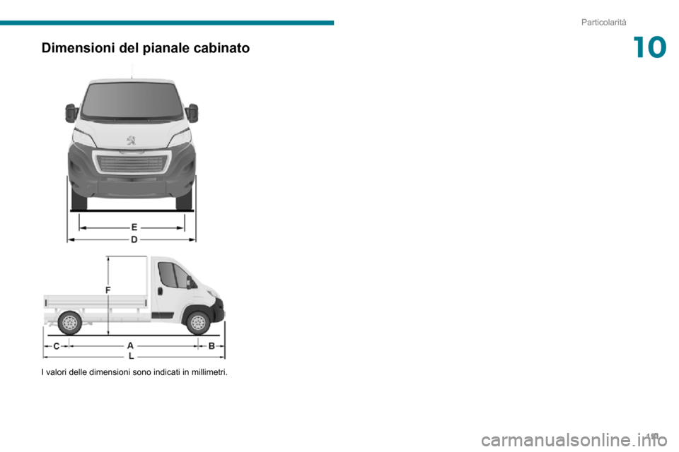 Peugeot Boxer 2020  Manuale del proprietario (in Italian) 151
Particolarità
10Dimensioni del pianale cabinato 
  
 
I valori delle dimensioni sono indicati in millimetri.  