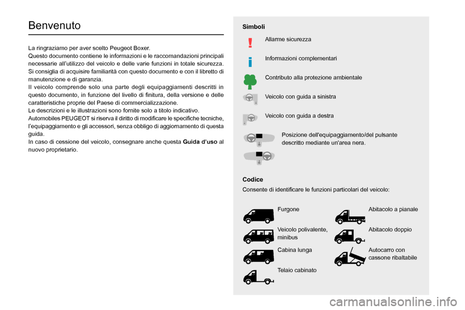 Peugeot Boxer 2020  Manuale del proprietario (in Italian)   
 
 
 
 
 
 
 
  
 
 
  
 
 
  
  
   
   
 
  
Benvenuto
La ringraziamo per aver scelto Peugeot Boxer.Questo documento contiene le informazioni e le raccomandazioni principali 
necessarie all