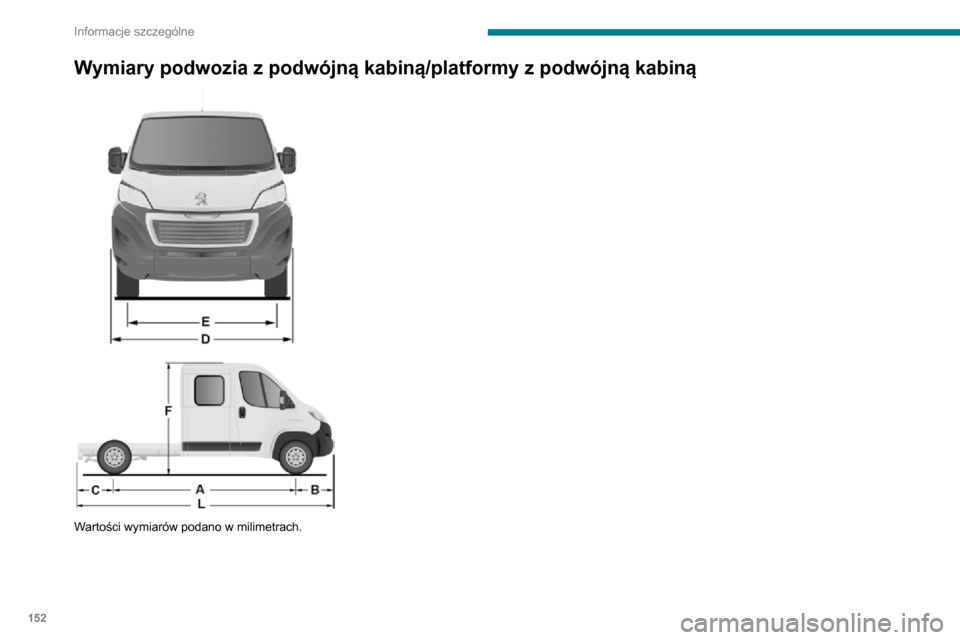 Peugeot Boxer 2020  Instrukcja Obsługi (in Polish) 152
Informacje szczególne
Wymiary podwozia z podwójną kabiną/platformy z podwójną kabiną 
 
 
 
Wartości wymiarów podano w milimetrach.  