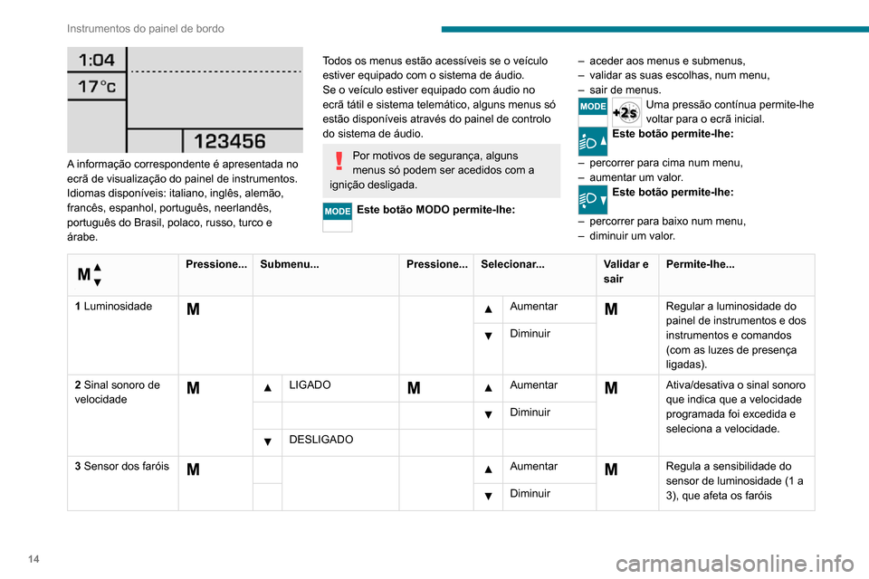 Peugeot Boxer 2020 Manual do proprietário (in Portuguese) 14
Instrumentos do painel de bordo
A informação correspondente é apresentada no
ecrã de visualização do painel de instrumentos.
Idiomas disponíveis: italiano, inglês, alemão,
francês, es Peugeot Boxer 2020 Manual do proprietário (in Portuguese) 14
Instrumentos do painel de bordo
A informação correspondente é apresentada no
ecrã de visualização do painel de instrumentos.
Idiomas disponíveis: italiano, inglês, alemão,
francês, es