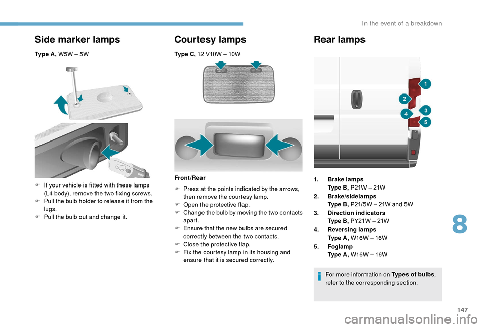Peugeot Boxer 2018  Owners Manual 147
Ty p e  C , 12   V10W – 10W
Side marker lamps
Ty p e  A , W5W – 5W
Courtesy lamps
F If your vehicle is fitted with these lamps 
(L4   body), remove the two fixing screws.
F
 
P
 ull the bulb h
