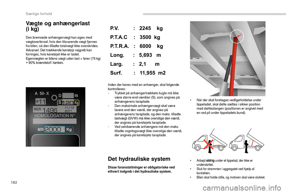 Peugeot Boxer 2018 Instruktionsbog (in Danish) 182
Vægte og anhængerlast
(i kg)
Den bremsede anhængervægt kan øges med
vægtover førsel, hvis den tilsvarende vægt fjernes
fra bilen, så den tilladte totalvægt ikke overskrides.
Advarse Peugeot Boxer 2018 Instruktionsbog (in Danish) 182
Vægte og anhængerlast
(i kg)
Den bremsede anhængervægt kan øges med
vægtover førsel, hvis den tilsvarende vægt fjernes
fra bilen, så den tilladte totalvægt ikke overskrides.
Advarse