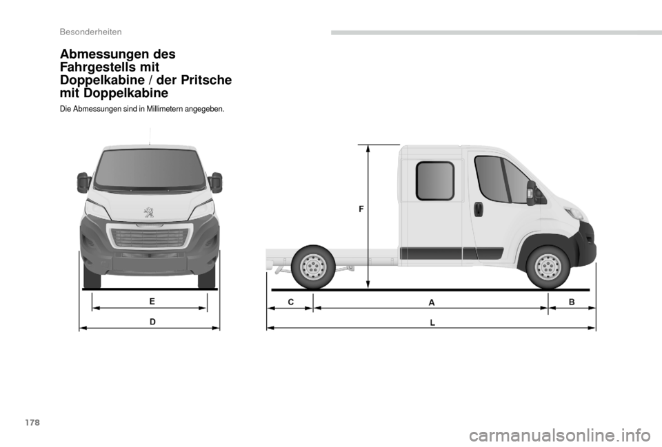 Peugeot Boxer 2018  Betriebsanleitung (in German) 178
Abmessungen des 
Fahrgestells mit 
Doppelkabine / der Pritsche 
mit Doppelkabine
Die Abmessungen sind in Millimetern angegeben. 
Besonderheiten  
