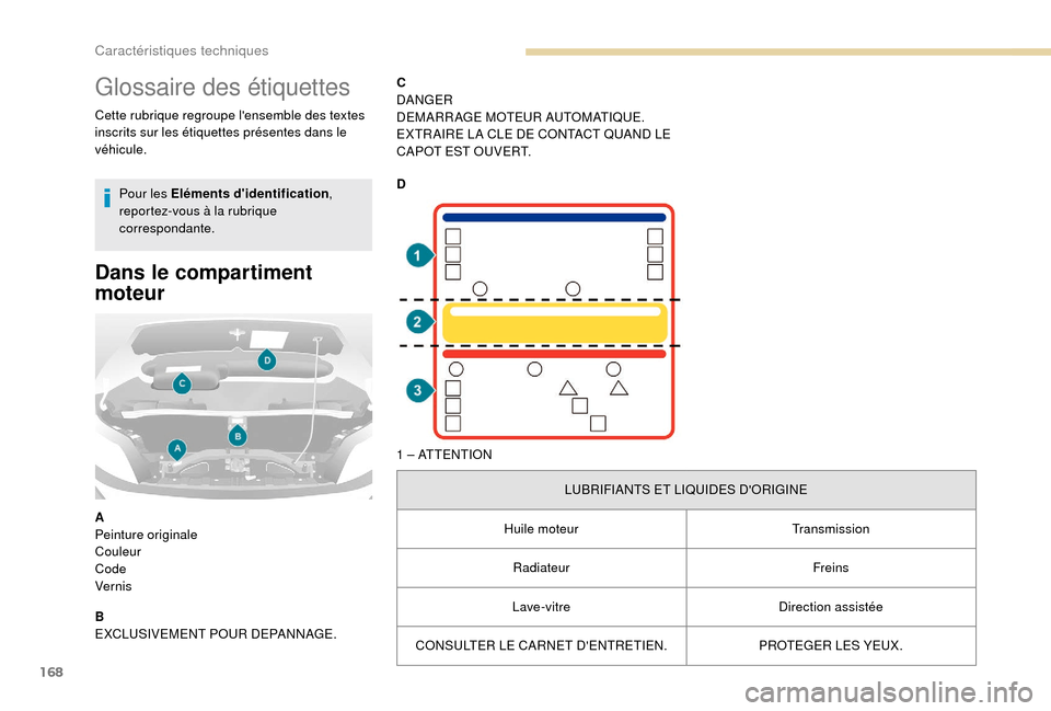 Peugeot Boxer 2018  Manuel du propriétaire (in French) 168
Glossaire des étiquettes
Cette rubrique regroupe lensemble des textes 
inscrits sur les étiquettes présentes dans le 
véhicule.Pour les Eléments didentification , 
reportez-vous à la rubri