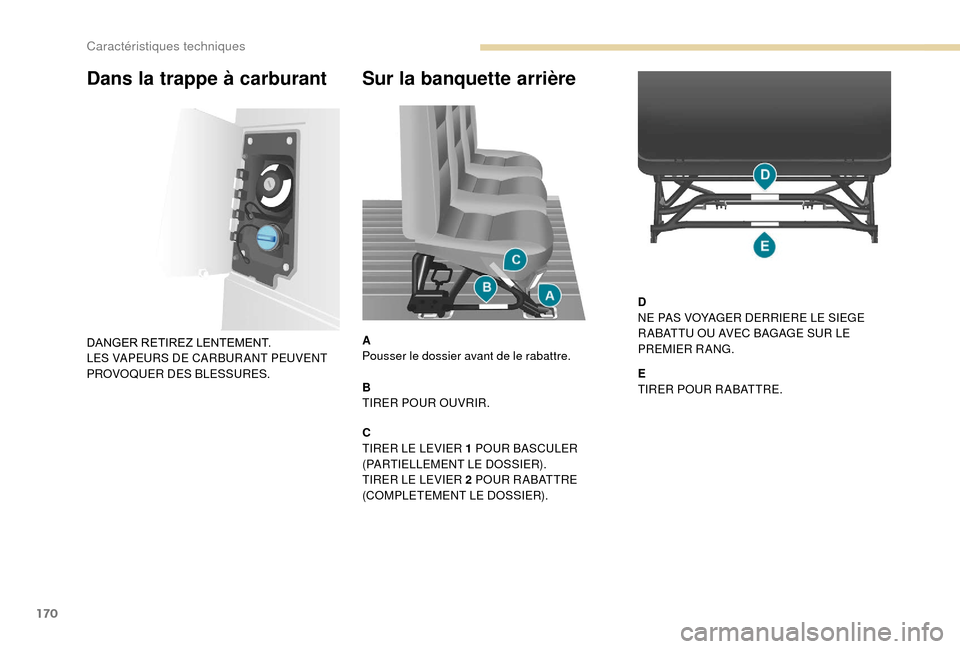 Peugeot Boxer 2018  Manuel du propriétaire (in French) 170
Sur la banquette arrière
A
Pousser le dossier avant de le rabattre.
B
TIRER POUR OUVRIR.
C
TIRER LE LEVIER 1 POUR BASCULER 
(PARTIELLEMENT LE DOSSIER).
TIRER LE LEVIER 2 POUR R ABATTRE 
(COMPLETE