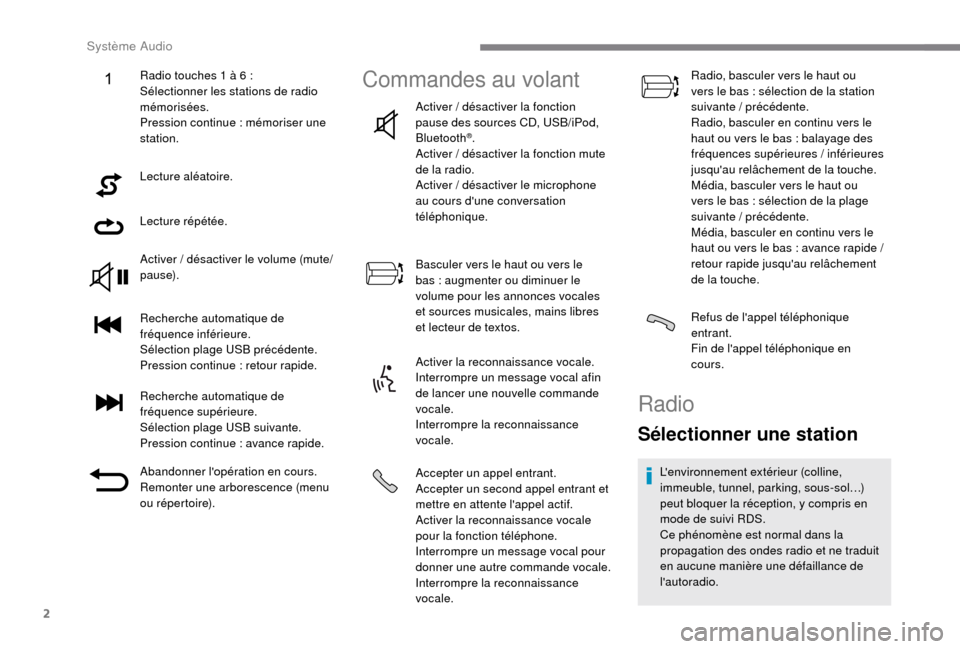 Peugeot Boxer 2018 Manuel du propriétaire (in French) 2
Lecture aléatoire.
Lecture répétée.
Activer / désactiver le volume (mute/
pause).
Recherche automatique de
fréquence inférieure.
Sélection plage USB précédente.
Pression continue
: re Peugeot Boxer 2018 Manuel du propriétaire (in French) 2
Lecture aléatoire.
Lecture répétée.
Activer / désactiver le volume (mute/
pause).
Recherche automatique de
fréquence inférieure.
Sélection plage USB précédente.
Pression continue
: re