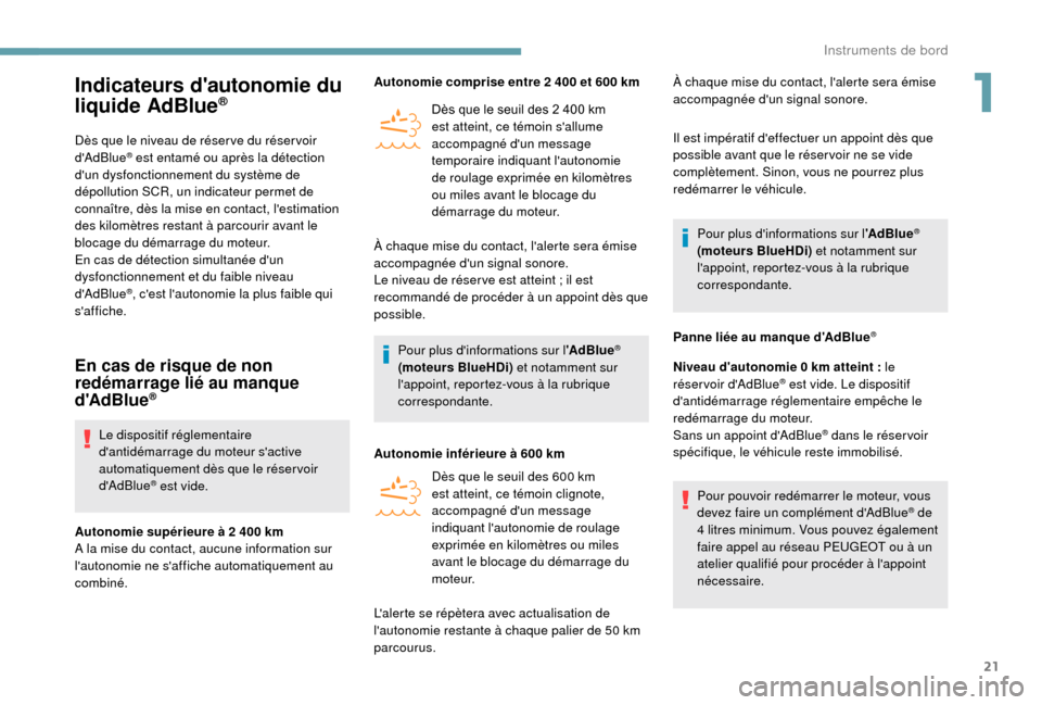 Peugeot Boxer 2018 Manuel du propriétaire (in French) 21
Indicateurs dautonomie du
liquide AdBlue®
Dès que le niveau de réser ve du réser voir
dAdBlue® est entamé ou après la détection
dun dysfonctionnement du système de
dépollution SCR, Peugeot Boxer 2018 Manuel du propriétaire (in French) 21
Indicateurs dautonomie du
liquide AdBlue®
Dès que le niveau de réser ve du réser voir
dAdBlue® est entamé ou après la détection
dun dysfonctionnement du système de
dépollution SCR,