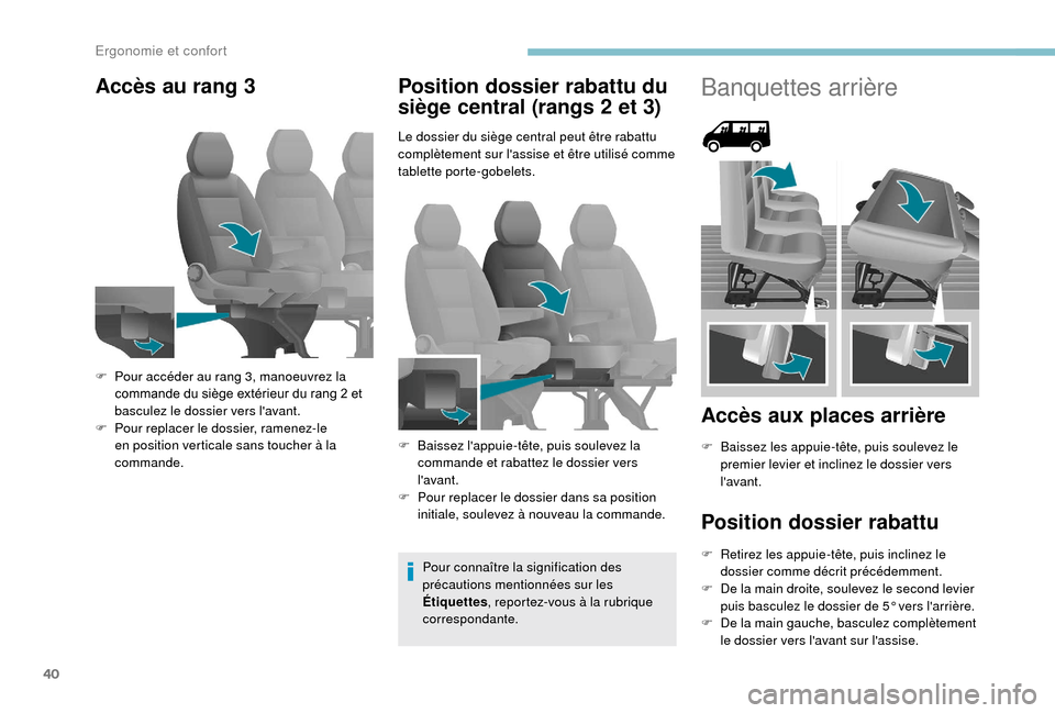 Peugeot Boxer 2018 Manuel du propriétaire (in French) 40
Accès au rang 3Position dossier rabattu du
siège central (rangs 2 et 3)
Le dossier du siège central peut être rabattu
complètement sur lassise et être utilisé comme
tablette porte-gobele Peugeot Boxer 2018 Manuel du propriétaire (in French) 40
Accès au rang 3Position dossier rabattu du
siège central (rangs 2 et 3)
Le dossier du siège central peut être rabattu
complètement sur lassise et être utilisé comme
tablette porte-gobele