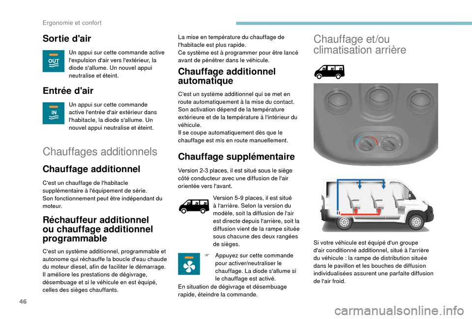 Peugeot Boxer 2018 Manuel du propriétaire (in French) 46
Sortie dair
Un appui sur cette commande active
lexpulsion dair vers lextérieur, la
diode sallume. Un nouvel appui
neutralise et éteint.
Entrée dair
Un appui sur cette commande
active l Peugeot Boxer 2018 Manuel du propriétaire (in French) 46
Sortie dair
Un appui sur cette commande active
lexpulsion dair vers lextérieur, la
diode sallume. Un nouvel appui
neutralise et éteint.
Entrée dair
Un appui sur cette commande
active l