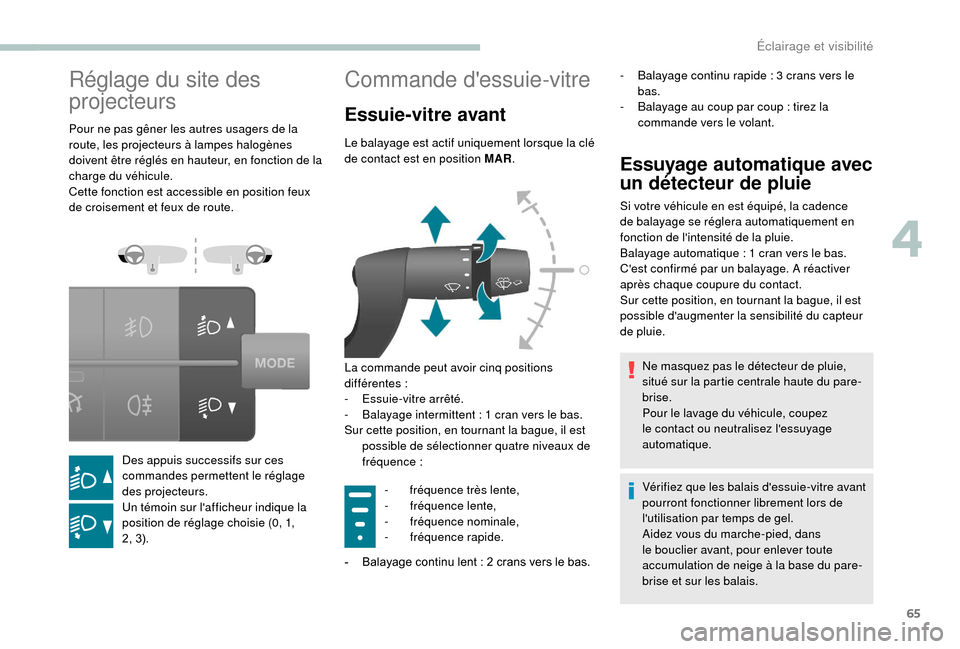 Peugeot Boxer 2018 Manuel du propriétaire (in French) 65
Réglage du site des
projecteurs
Pour ne pas gêner les autres usagers de la
route, les projecteurs à lampes halogènes
doivent être réglés en hauteur, en fonction de la
charge du véhicule Peugeot Boxer 2018 Manuel du propriétaire (in French) 65
Réglage du site des
projecteurs
Pour ne pas gêner les autres usagers de la
route, les projecteurs à lampes halogènes
doivent être réglés en hauteur, en fonction de la
charge du véhicule
