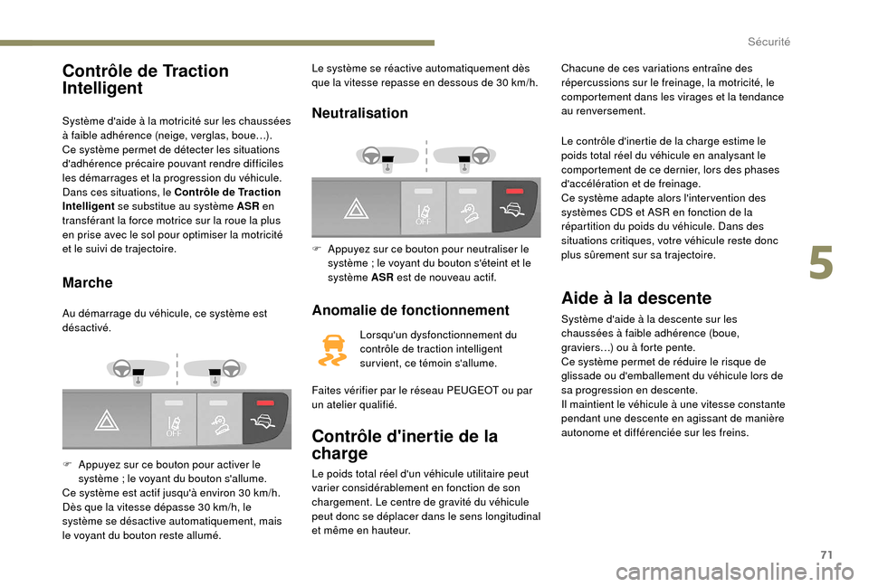 Peugeot Boxer 2018  Manuel du propriétaire (in French) 71
Contrôle de Traction 
Intelligent
Système daide à la motricité sur les chaussées 
à faible adhérence (neige, verglas, boue…).
Ce système permet de détecter les situations 
dadhérence 
