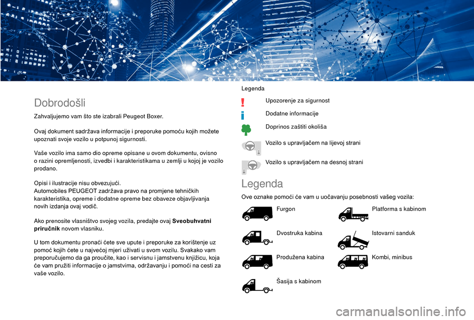 Peugeot Boxer 2018 Vodič za korisnike (in Croatian) Dobrodošli
Zahvaljujemo vam što ste izabrali Peugeot Boxer.
Ovaj dokument sadržava informacije i preporuke pomoću kojih možete
upoznati svoje vozilo u
potpunoj sigurnosti.
Vaše vozilo ima sa Peugeot Boxer 2018 Vodič za korisnike (in Croatian) Dobrodošli
Zahvaljujemo vam što ste izabrali Peugeot Boxer.
Ovaj dokument sadržava informacije i preporuke pomoću kojih možete
upoznati svoje vozilo u
potpunoj sigurnosti.
Vaše vozilo ima sa