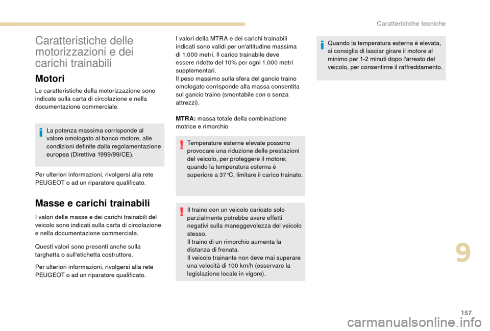 Peugeot Boxer 2018 Manuale del proprietario (in Italian) 157
Caratteristiche delle
motorizzazioni e dei
carichi trainabili
Motori
Le caratteristiche della motorizzazione sono
indicate sulla carta di circolazione e nella
documentazione commerciale.La pot Peugeot Boxer 2018 Manuale del proprietario (in Italian) 157
Caratteristiche delle
motorizzazioni e dei
carichi trainabili
Motori
Le caratteristiche della motorizzazione sono
indicate sulla carta di circolazione e nella
documentazione commerciale.La pot