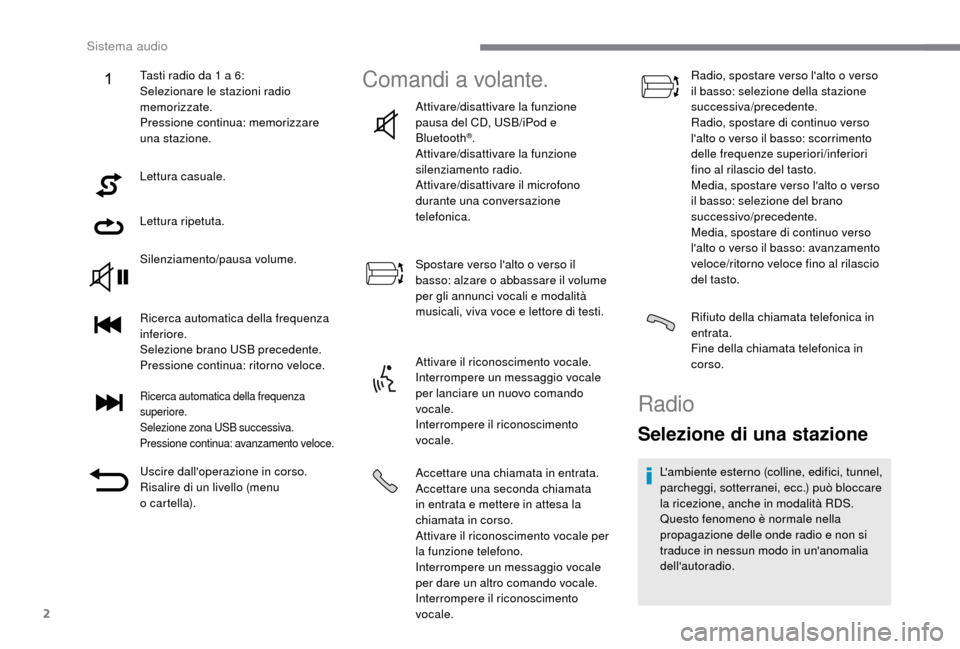 Peugeot Boxer 2018 Manuale del proprietario (in Italian) 2
Lettura casuale.
Lettura ripetuta.
Silenziamento/pausa volume.
Ricerca automatica della frequenza
inferiore.
Selezione brano USB precedente.
Pressione continua: ritorno veloce.
Ricerca automatica d Peugeot Boxer 2018 Manuale del proprietario (in Italian) 2
Lettura casuale.
Lettura ripetuta.
Silenziamento/pausa volume.
Ricerca automatica della frequenza
inferiore.
Selezione brano USB precedente.
Pressione continua: ritorno veloce.
Ricerca automatica d
