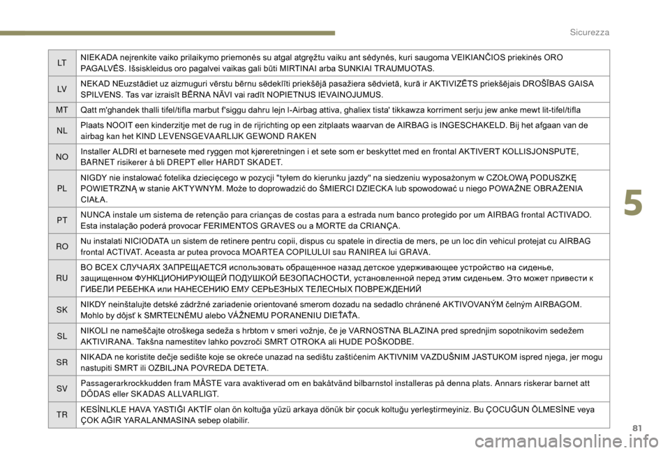 Peugeot Boxer 2018 Manuale del proprietario (in Italian) 81
LTNIEK ADA neįrenkite vaiko prilaikymo priemonės su atgal atgręžtu vaiku ant sėdynės, kuri saugoma VEIKIANČIOS priekinės ORO
PAGALVĖS. Išsiskleidus oro pagalvei vaikas gali būti MIRTINA Peugeot Boxer 2018 Manuale del proprietario (in Italian) 81
LTNIEK ADA neįrenkite vaiko prilaikymo priemonės su atgal atgręžtu vaiku ant sėdynės, kuri saugoma VEIKIANČIOS priekinės ORO
PAGALVĖS. Išsiskleidus oro pagalvei vaikas gali būti MIRTINA