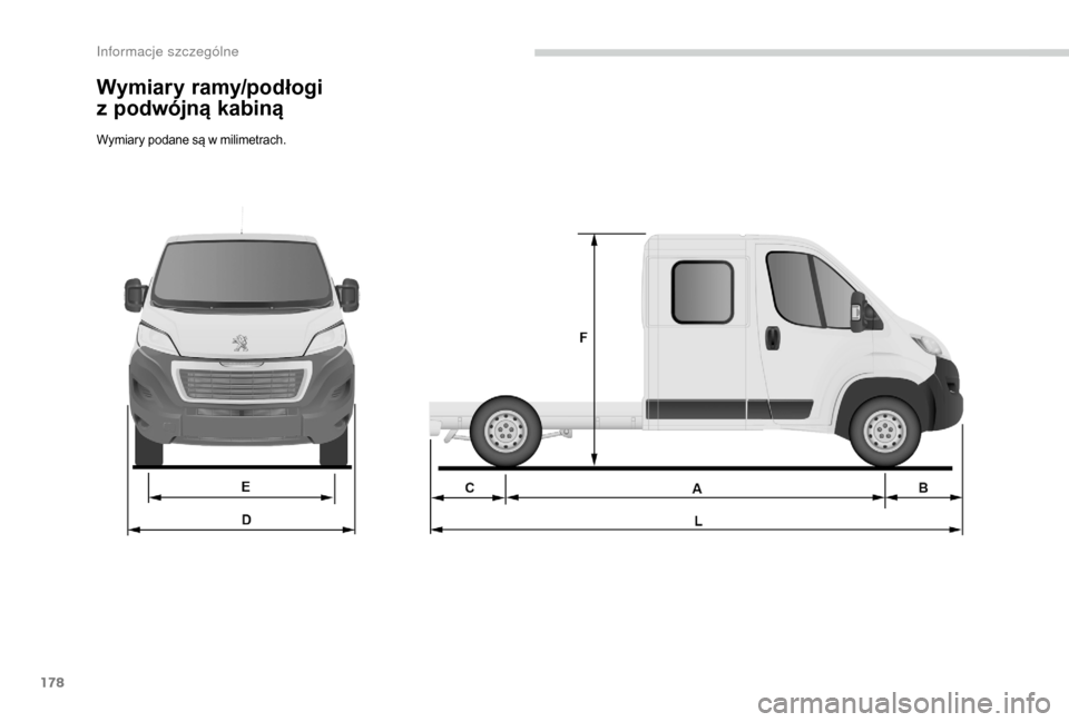 Peugeot Boxer 2018  Instrukcja Obsługi (in Polish) 178
Wymiary ramy/podłogi 
z
 p
odwójną kabiną
Wymiary podane są w milimetrach. 
In  