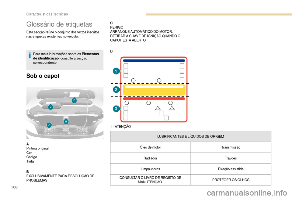 Peugeot Boxer 2018  Manual do proprietário (in Portuguese) 168
Glossário de etiquetas
Esta secção reúne o conjunto dos textos inscritos 
n as etiquetas existentes no veículo.
Para mais informações sobre os Elementos 
de identificação , consulte a
  s