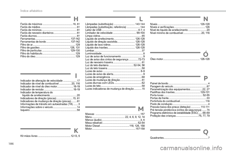 Peugeot Boxer 2018 Manual do proprietário (in Portuguese) 186
H
Faróis de máximos ............................................ 16, 61
Faróis de médios ...................................................... 61
Faróis de mínimos ......................... Peugeot Boxer 2018 Manual do proprietário (in Portuguese) 186
H
Faróis de máximos ............................................ 16, 61
Faróis de médios ...................................................... 61
Faróis de mínimos .........................