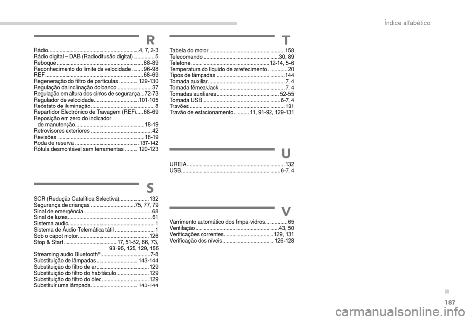 Peugeot Boxer 2018 Manual do proprietário (in Portuguese) 187
S
SCR (Redução Catalítica Selectiva).....................132
Segurança de crianças ...............................75, 77, 79
Sinal de emergência
........................................... Peugeot Boxer 2018 Manual do proprietário (in Portuguese) 187
S
SCR (Redução Catalítica Selectiva).....................132
Segurança de crianças ...............................75, 77, 79
Sinal de emergência
...........................................