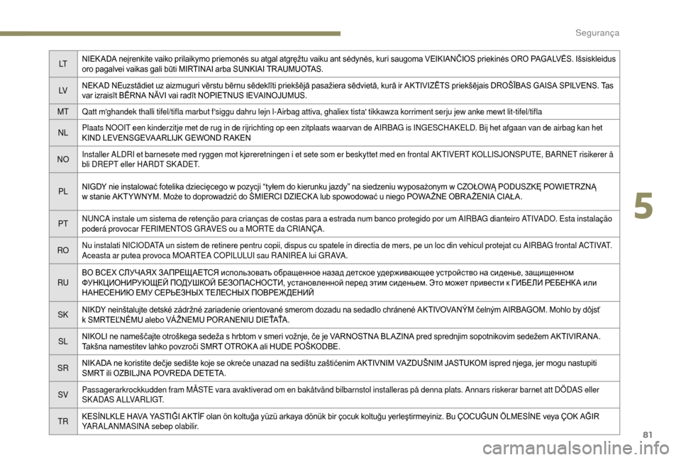 Peugeot Boxer 2018 Manual do proprietário (in Portuguese) 81
LTNIEK ADA neįrenkite vaiko prilaikymo priemonės su atgal atgręžtu vaiku ant sėdynės, kuri saugoma VEIKIANČIOS priekinės ORO PAGALVĖS. Išsiskleidus
oro pagalvei vaikas gali būti MIRTINA Peugeot Boxer 2018 Manual do proprietário (in Portuguese) 81
LTNIEK ADA neįrenkite vaiko prilaikymo priemonės su atgal atgręžtu vaiku ant sėdynės, kuri saugoma VEIKIANČIOS priekinės ORO PAGALVĖS. Išsiskleidus
oro pagalvei vaikas gali būti MIRTINA
