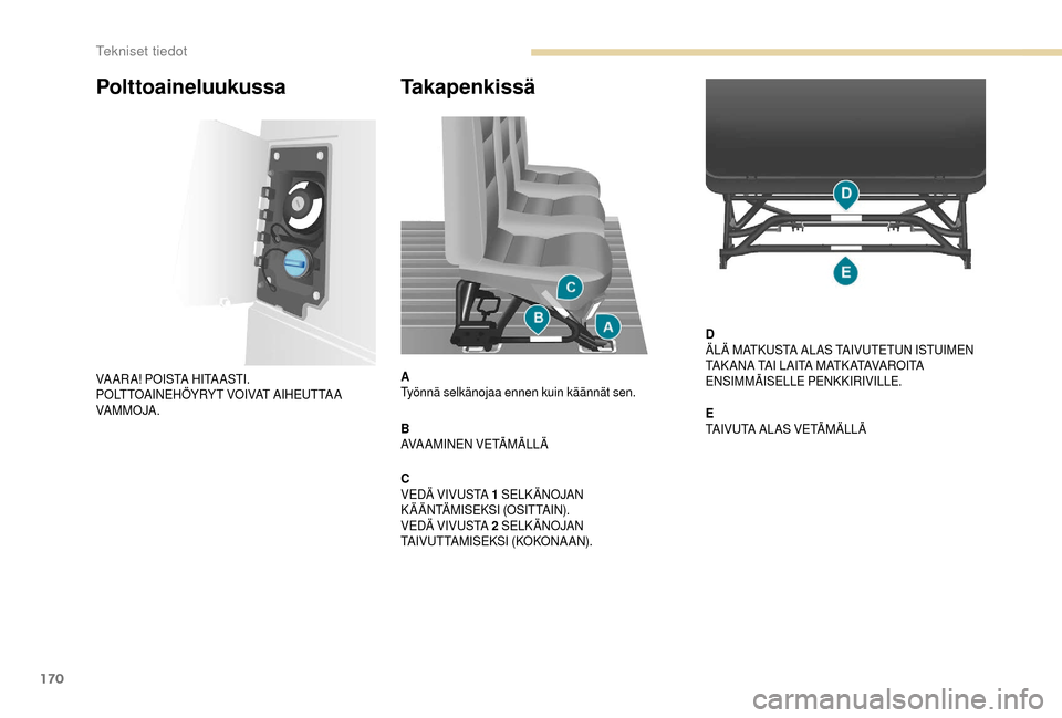 Peugeot Boxer 2018  Omistajan käsikirja (in Finnish) 170
Takapenkissä
A
Työnnä selkänojaa ennen kuin käännät sen.
B
AVAAMINEN VETÄMÄLLÄ
C
VEDÄ VIVUSTA 1
 
SELKÄNOJAN 
K Ä Ä N TÄ M I S E K S I  (O S I T TA I N ) .
VEDÄ VIVUSTA 2
 

SELKÄ