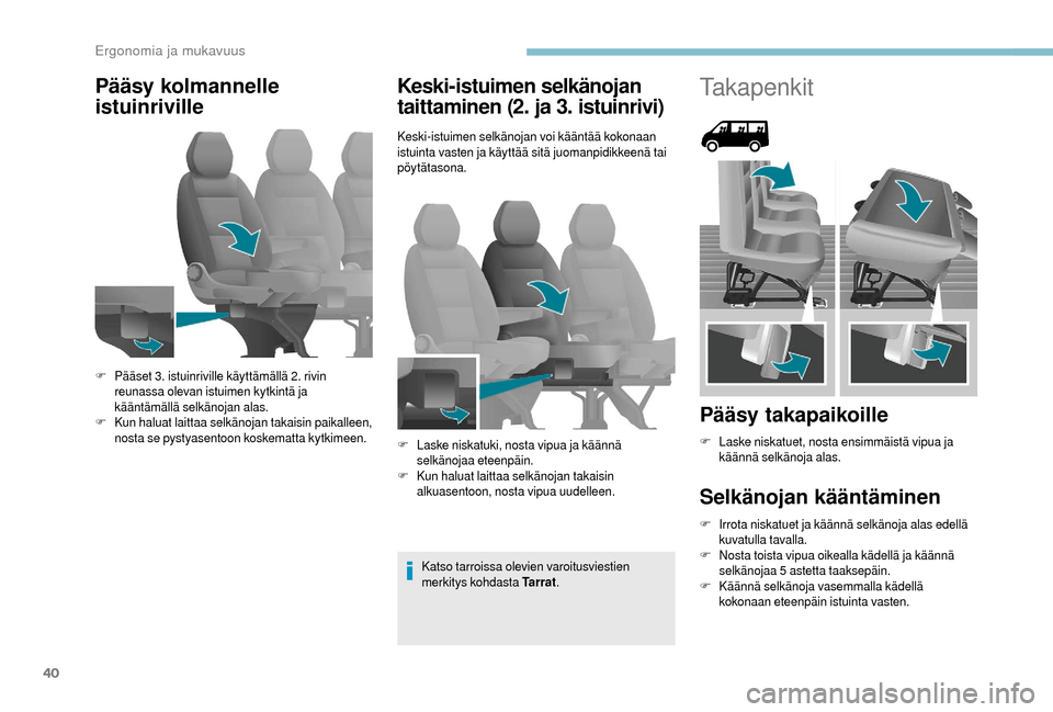 Peugeot Boxer 2018 Omistajan käsikirja (in Finnish) 40
Pääsy kolmannelle
istuinrivilleKeski-istuimen selkänojan
taittaminen (2. ja 3. istuinrivi)
Keski-istuimen selkänojan voi kääntää kokonaan
istuinta vasten ja käyttää sitä juomanpidikk Peugeot Boxer 2018 Omistajan käsikirja (in Finnish) 40
Pääsy kolmannelle
istuinrivilleKeski-istuimen selkänojan
taittaminen (2. ja 3. istuinrivi)
Keski-istuimen selkänojan voi kääntää kokonaan
istuinta vasten ja käyttää sitä juomanpidikk