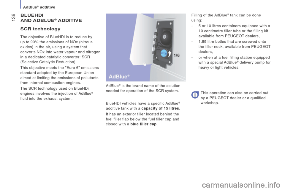 Peugeot Boxer 2016 Owners Manual - RHD (UK, Australia) 136
BLuEHdI
A
nd AdBLuE® AddItIVE
AdBlue® is the brand name of the solution
needed for operation of the SCR system.
BlueHDI vehicles have a specific AdBlue
®
additive tank with a capacity of 15 Peugeot Boxer 2016 Owners Manual - RHD (UK, Australia) 136
BLuEHdI
A
nd AdBLuE® AddItIVE
AdBlue® is the brand name of the solution
needed for operation of the SCR system.
BlueHDI vehicles have a specific AdBlue
®
additive tank with a capacity of 15