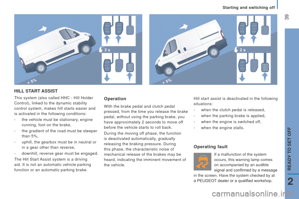 Peugeot Boxer 2016 Owners Manual - RHD (UK, Australia) 39
HILL StArt ASSISt
this system (also called HHC - Hill Holder
Control), linked to the dynamic stability
control system, makes hill starts easier and
is activated in the following conditions:
-
Peugeot Boxer 2016 Owners Manual - RHD (UK, Australia) 39
HILL StArt ASSISt
this system (also called HHC - Hill Holder
Control), linked to the dynamic stability
control system, makes hill starts easier and
is activated in the following conditions:
-