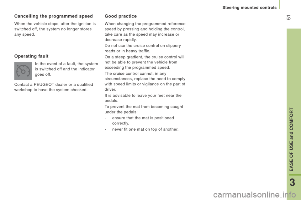 Peugeot Boxer 2016 Owners Manual - RHD (UK, Australia) 51Good practice
When changing the programmed reference
speed by pressing and holding the control,
take care as the speed may increase or
decrease rapidly.
Do not use the cruise control on slippery Peugeot Boxer 2016 Owners Manual - RHD (UK, Australia) 51Good practice
When changing the programmed reference
speed by pressing and holding the control,
take care as the speed may increase or
decrease rapidly.
Do not use the cruise control on slippery