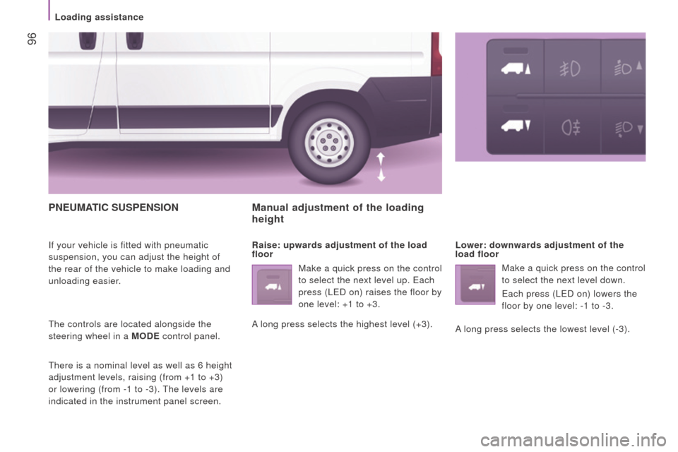 Peugeot Boxer 2016  Owners Manual - RHD (UK, Australia)  96
PnEuMAtIc SuSPEnSIon
If your vehicle is fitted with pneumatic 
suspension, you can adjust the height of 
the rear of the vehicle to make loading and 
unloading easier.
the controls are located alo