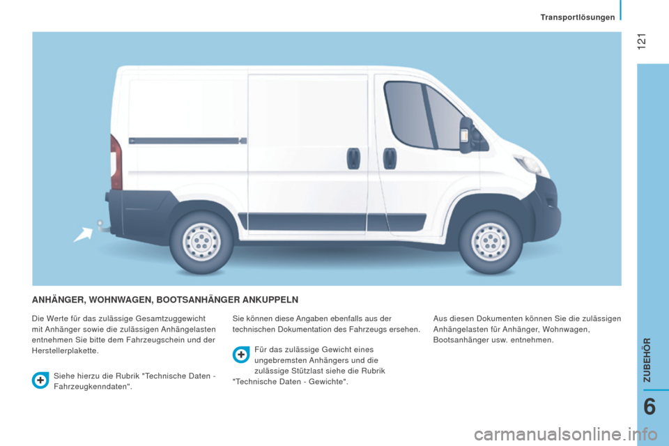 Peugeot Boxer 2016  Betriebsanleitung (in German)  121
boxer_de_Chap06_Accessoires_ed01-2015
AnhängEr, WOhnWAgEn, BOOTSAnhängEr An K u PPEL n
Die Werte für das zulässige Gesamtzuggewicht 
mit Anhänger sowie die zulässigen Anhängelasten 
entneh