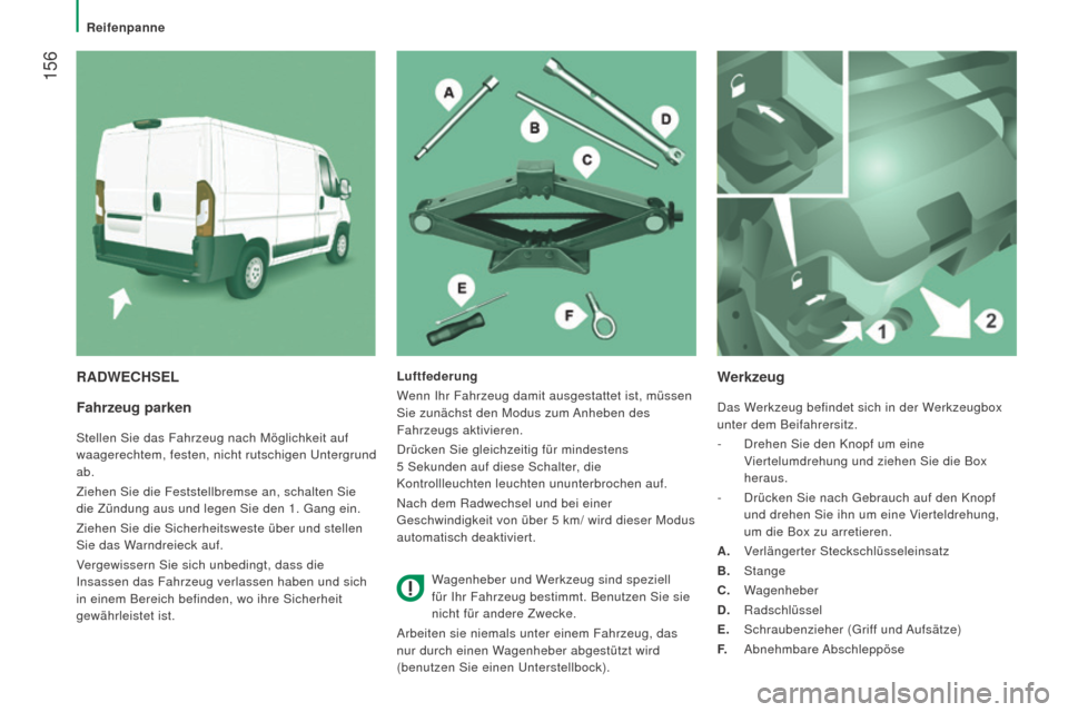 Peugeot Boxer 2016  Betriebsanleitung (in German)  156
boxer_de_Chap08_Aide-Rapide_ed01-2015
fahrzeug parken
Stellen Sie das Fahrzeug nach Möglichkeit auf 
waagerechtem, festen, nicht rutschigen Untergrund 
ab.
Ziehen Sie die Feststellbremse an, sch