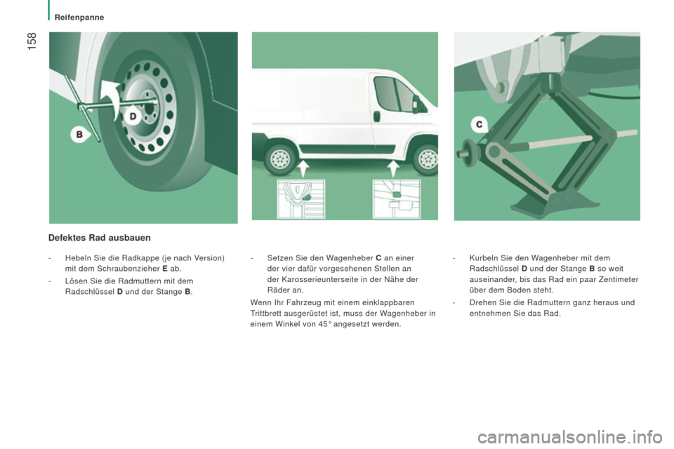 Peugeot Boxer 2016  Betriebsanleitung (in German)  158
boxer_de_Chap08_Aide-Rapide_ed01-2015
- Kurbeln Sie den Wagenheber mit dem 
Radschlüssel  D und der Stange B 
so weit 
auseinander, bis das Rad ein paar Zentimeter 
über dem Boden steht.
-
 
Dr