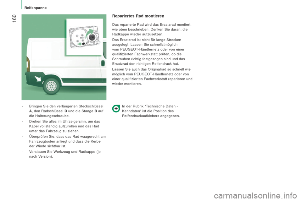 Peugeot Boxer 2016  Betriebsanleitung (in German)  160
boxer_de_Chap08_Aide-Rapide_ed01-2015
In der Rubrik "Technische Daten -  
Kenndaten“ ist die Position des 
Reifendruckaufklebers angegeben.
-
 Bringen Sie den verlängerten Steckschlüssel
 
A 