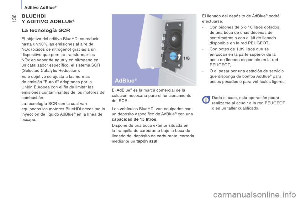 Peugeot Boxer 2016  Manual del propietario (in Spanish)  136
boxer_es_Chap07_Verifications_ed01-2015
blueHDI
Y
 
 ADITIV o A Db lue®
El AdBlue® es la marca comercial de la 
solución necesaria para el funcionamiento 
del SCR.
Los vehículos BlueHDi van e