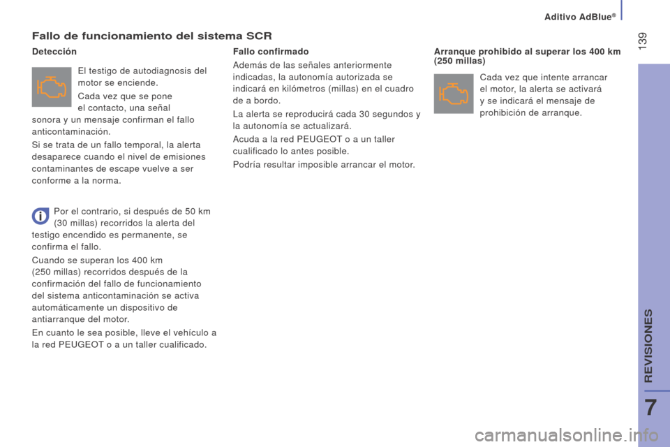 Peugeot Boxer 2016  Manual del propietario (in Spanish)  139
boxer_es_Chap07_Verifications_ed01-2015
Fallo de funcionamiento del sistema SCr
El testigo de autodiagnosis del 
motor se enciende.
Cada vez que se pone 
el contacto, una señal 
sonora y un mens