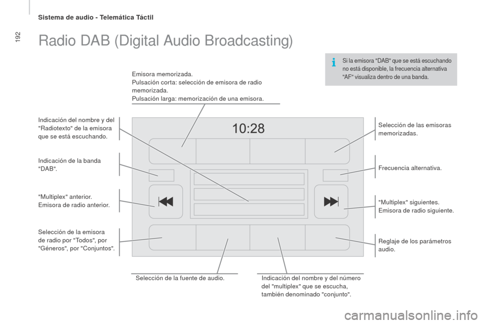 Peugeot Boxer 2016  Manual del propietario (in Spanish) 192
boxer_es_Chap10a_Autoradio_Fiat-tactile-1_ed01-2015
Si la emisora "DAB" que se está escuchando 
no está disponible, la frecuencia alternativa 
"AF" visualiza dentro de una banda.
Radio DAB (Digi