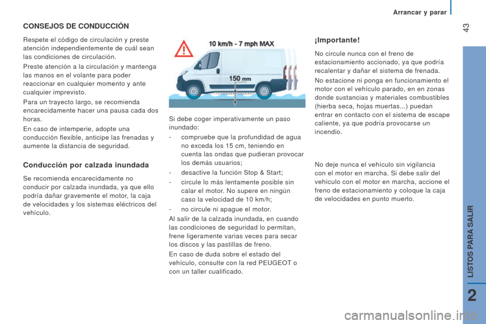 Peugeot Boxer 2016  Manual del propietario (in Spanish)  43
boxer_es_Chap02_Pret-a-Partir_ed01-2015
CoNSeJoS De CoNDuCCIóN
Respete el código de circulación y preste 
atención independientemente de cuál sean 
las condiciones de circulación.
Preste ate