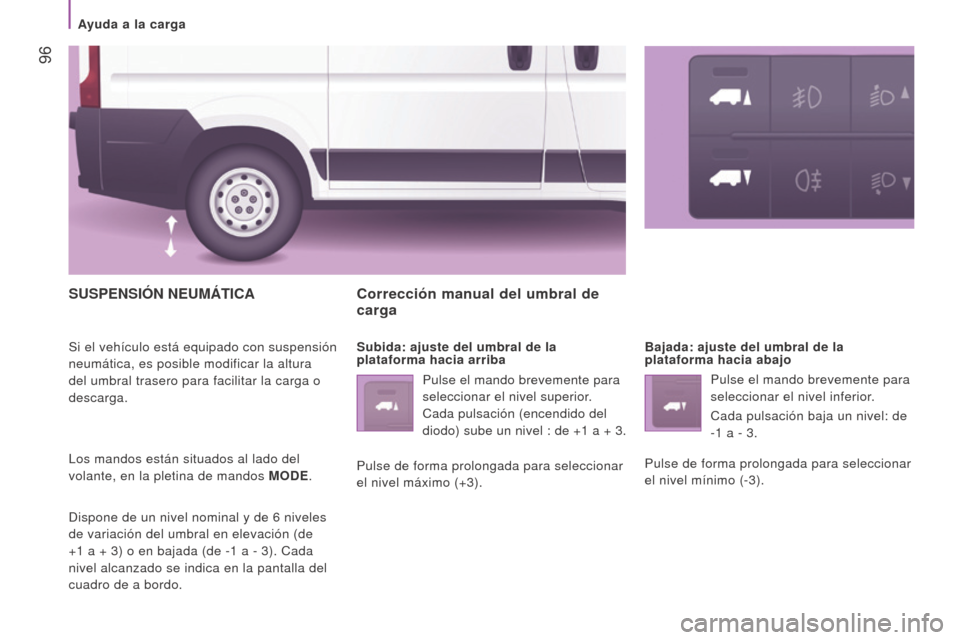 Peugeot Boxer 2016 Manual del propietario (in Spanish) 96
boxer_es_Chap04_Technologie-a-bord_ed01-2015
SuSPeNSIóN NeumáTICA
Si el vehículo está equipado con suspensión
neumática, es posible modificar la altura
del umbral trasero para facilitar la Peugeot Boxer 2016 Manual del propietario (in Spanish) 96
boxer_es_Chap04_Technologie-a-bord_ed01-2015
SuSPeNSIóN NeumáTICA
Si el vehículo está equipado con suspensión
neumática, es posible modificar la altura
del umbral trasero para facilitar la
